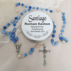 Blue Swirl Glass Christening Rosary Beads Personalised Tin