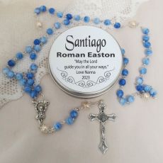 Blue Swirl Glass Rosary Beads Personalised Tin