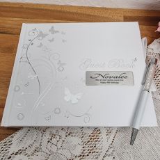 40th Birthday Personalised Guest Book White Silver Butterfly