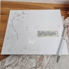 Funeral Guest Book White Silver Butterfly