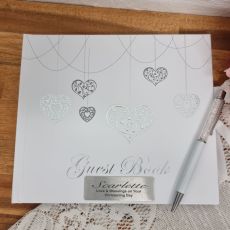 Christening Guest Book White Silver Hearts
