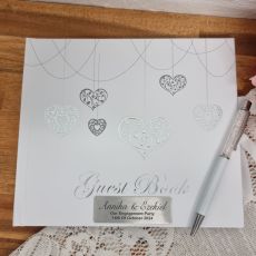 Engagement Guest Book White Silver Hearts