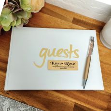Personalised Christening Guest Book & Pen White & Gold