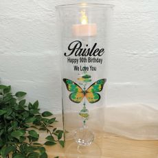 90th Birthday Glass Candle Holder Green Butterfly
