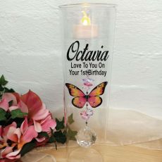 1st Birthday Glass Candle Holder Pink Butterfly