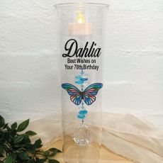 70th Birthday Glass Candle Holder Blue Stripe Butterfly