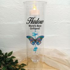 Valentines Glass Candle Holder Blue Stripe Butterfly