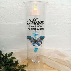 Mum Glass Candle Holder Blue Stripe Butterfly
