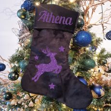 Personalised Christmas Stocking Black Velvet Reindeer