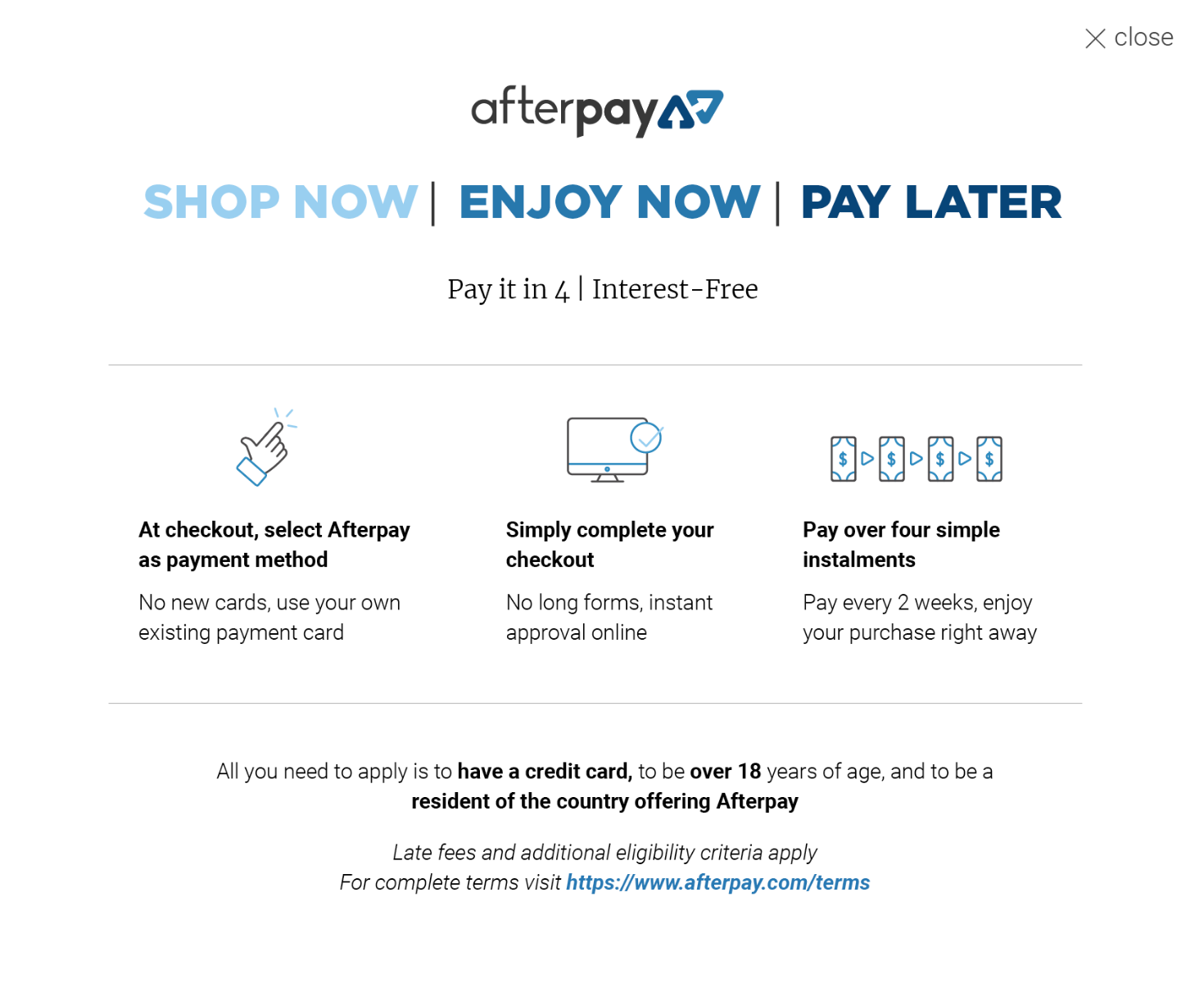 afterpay - buy now - pay later